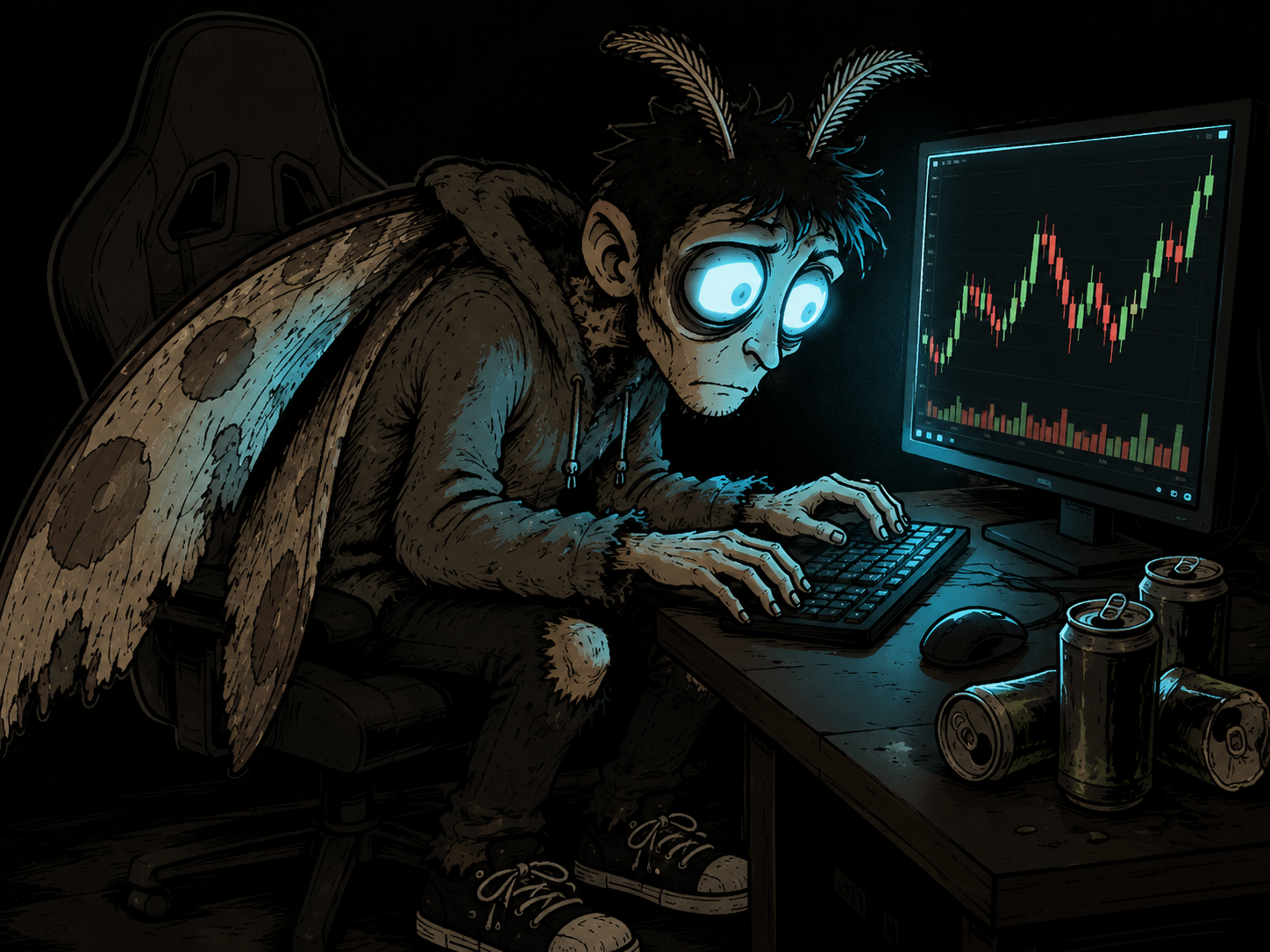 Bagmoth typing at his keyboard, staring at his first glowing chart