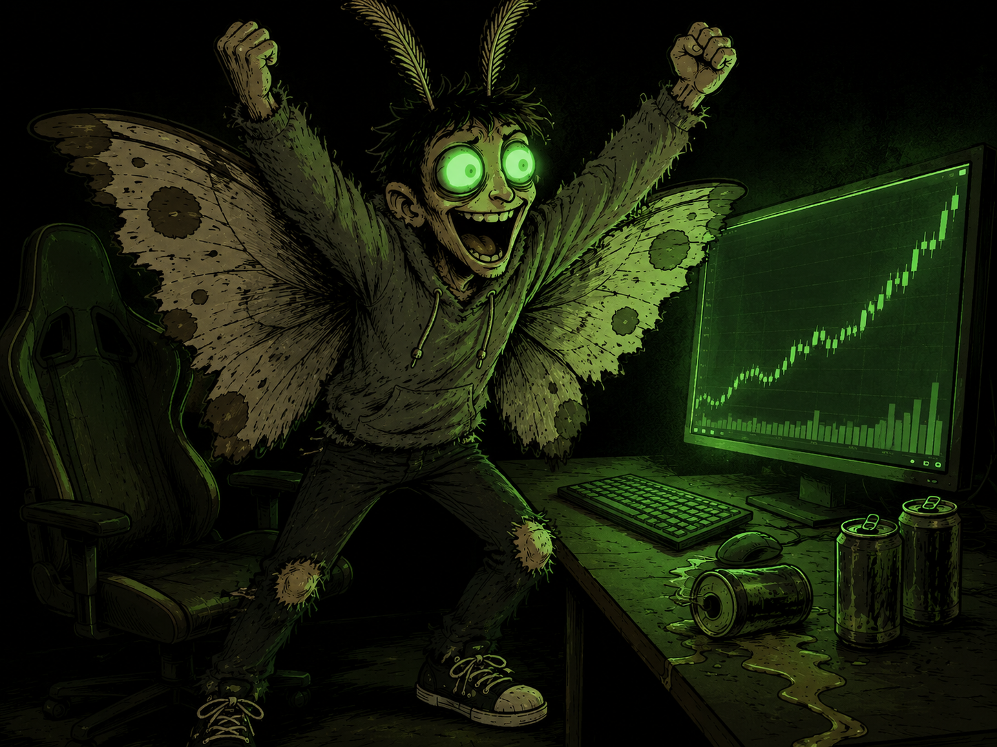 Bagmoth jumping out of his chair, arms raised, in front of a monitor showing a green pumping chart